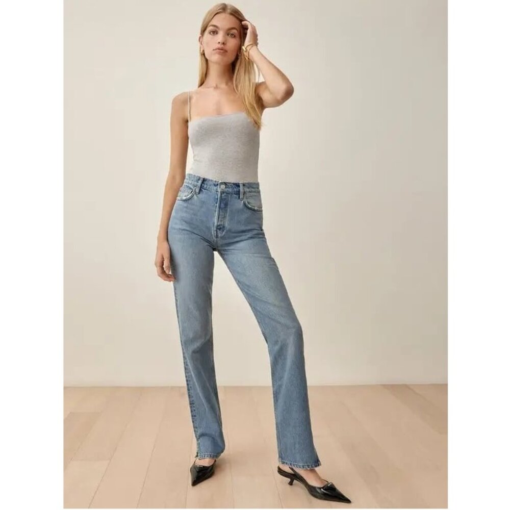 Reformation Cynthia High Rise Straight Long Jeans 32" / Size 28 / Maldives Blue